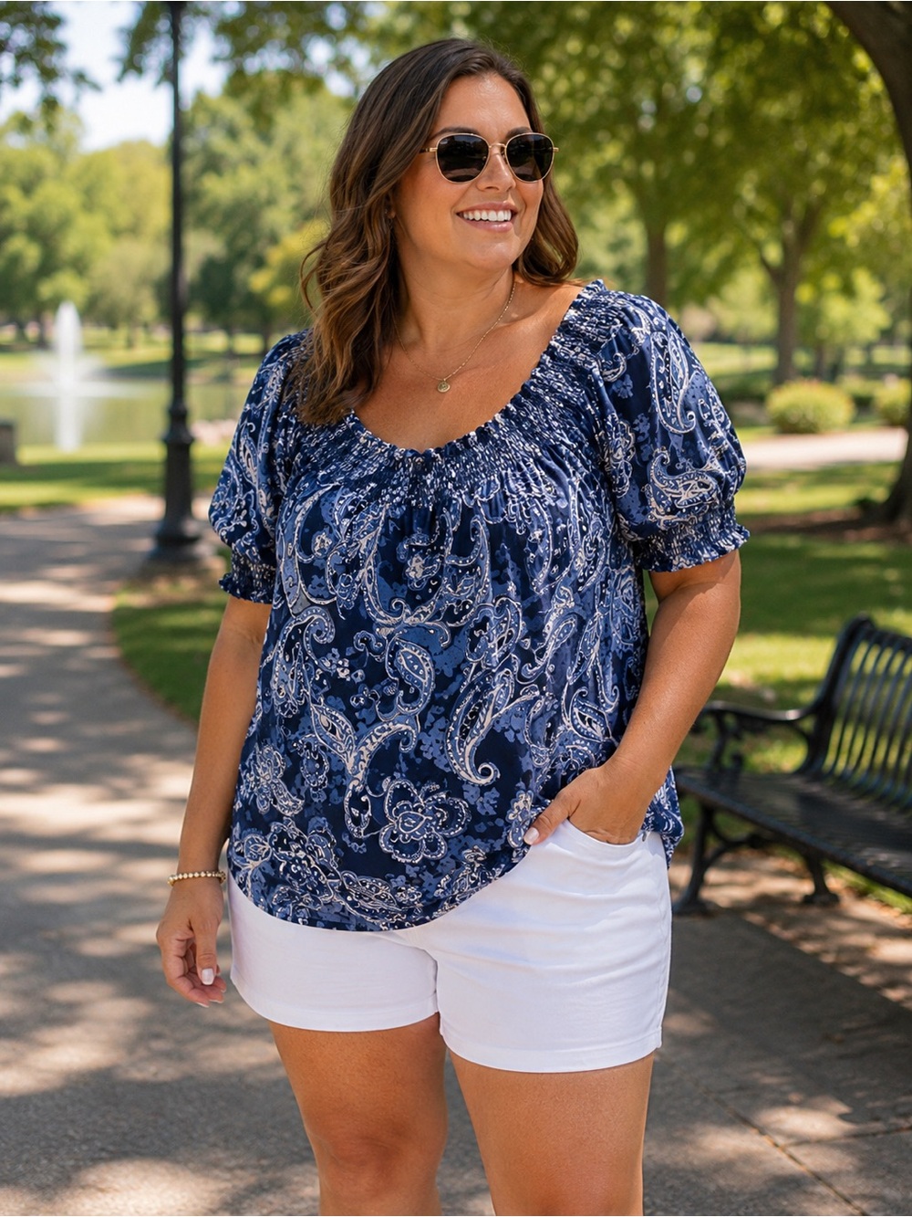 Lauren Ralph Lauren Navy and Light Blue Paisley Smocked Peasant Blouse